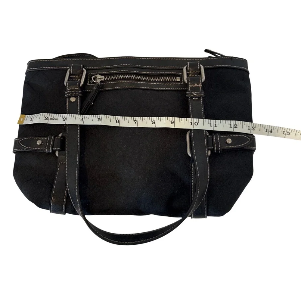 Nine West Womens Black Jacquard Canvas Shoulder Bag Buckle Detail Faux Leather